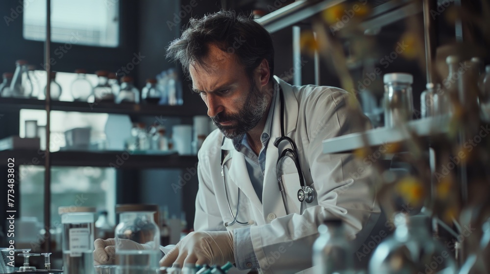 Fototapete a man in a lab coat working in a laboratory. suitable for science and research concepts