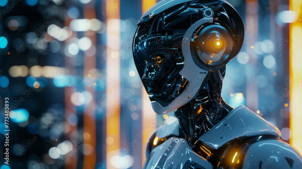 Poster futuristic robotic portrait - close-up of a humanoid robot with glowing elements in a neon-lit envir