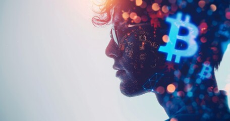 A double exposure of the silhouette profile view headshot with a bitcoin symbol and digital world, blue neon lights glowing against a white background Generative AI