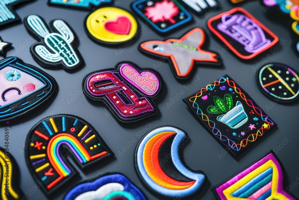 Poster close up of colorful patches on a table, perfect for craft projects
