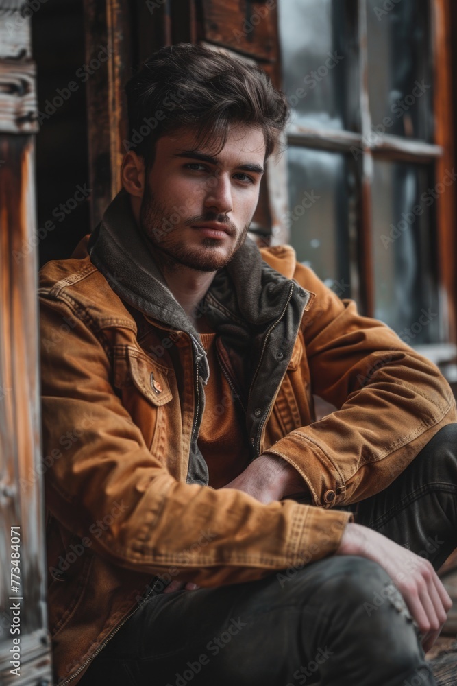Poster a man sitting on the ground in front of a window. suitable for various lifestyle and relaxation conc