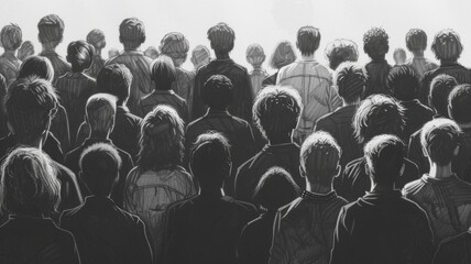 Monochrome Crowd Illustration - A grayscale drawing of a group of people seen from behind, focusing on unity.