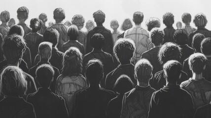 Obraz premium Monochrome Crowd Illustration - A grayscale drawing of a group of people seen from behind, focusing on unity.
