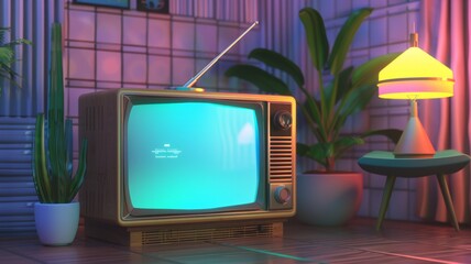 Retro Styled Room with Vintage Television - A classic TV set, potted plant, and glowing lamp create a vintage ambiance.