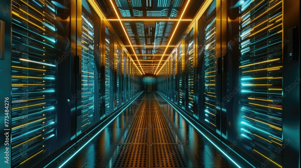 Aufkleber A long hallway filled with rows of servers. Perfect for technology or data center concepts
