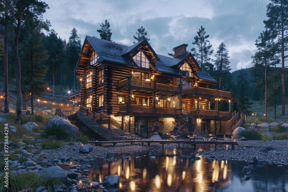 Aufkleber a large log house on top of a river, suitable for various design projects