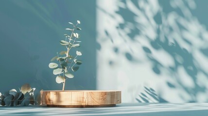 Sunlit Plant and Shadows - A potted eucalyptus on a wooden platform bathed in sunlight with serene shadows.