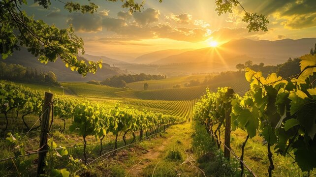 Sunset Over Lush Vineyards - A scenic sunset view with golden light over vibrant green vineyard hills.
