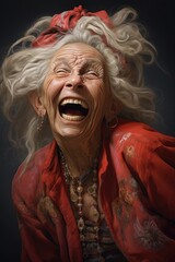 crazy old, elderly woman in a Red dress laughs. portrait of a crazy grandmother, senior. happy retirement age.