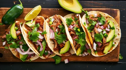 Foto auf Acrylglas Freshly made tacos and sliced avocado on a wooden cutting board, perfect for food blogs or restaurant menus © Fotograf