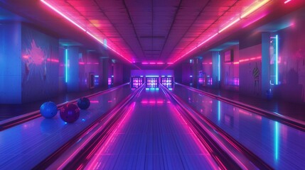 A vibrant bowling alley with neon lights, perfect for sports and entertainment concepts - obrazy, fototapety, plakaty