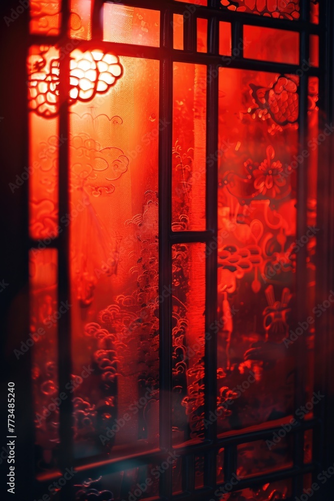 Poster A close up of a window with a red light. Suitable for urban themes