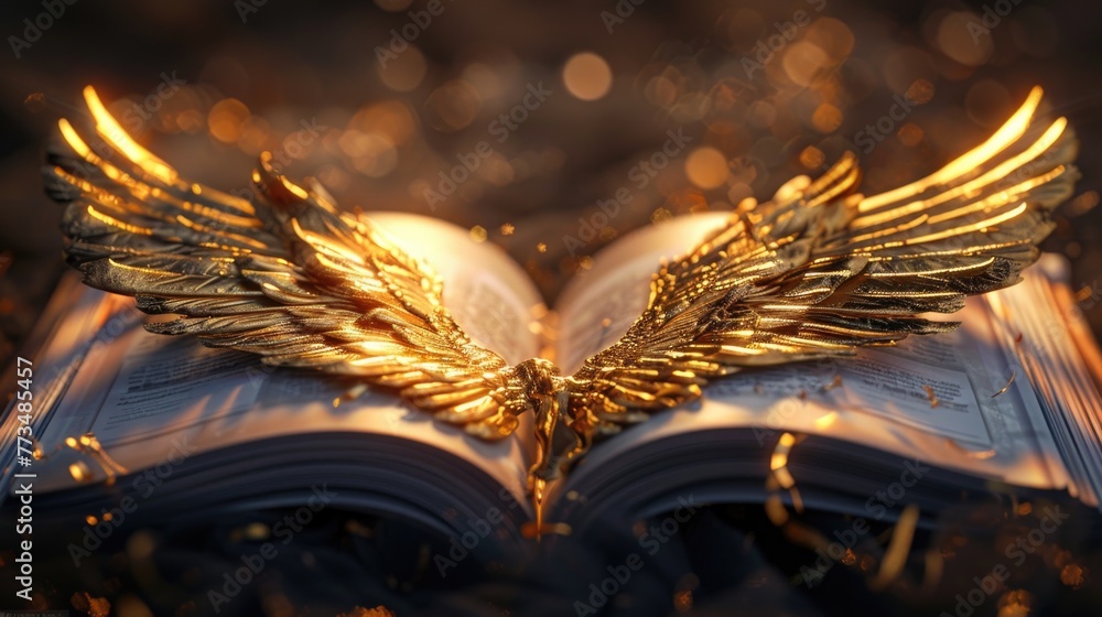 Poster an open book with golden wings, symbolizing knowledge and inspiration. suitable for educational and 