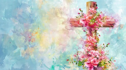 A beautiful painting of a cross with flowers, suitable for religious or spiritual themes