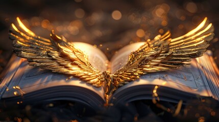 An open book with golden wings, symbolizing knowledge and inspiration. Suitable for educational and...