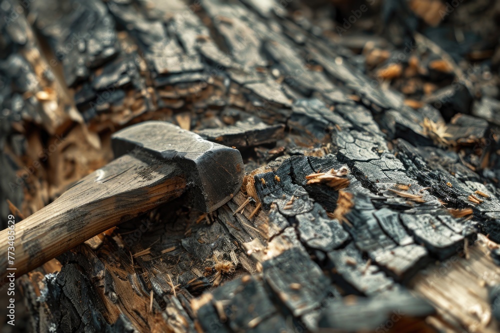 Poster a hammer stuck in a piece of wood. suitable for construction and diy projects
