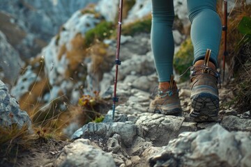 A person walking up a rocky path with ski poles. Suitable for outdoor activity concepts