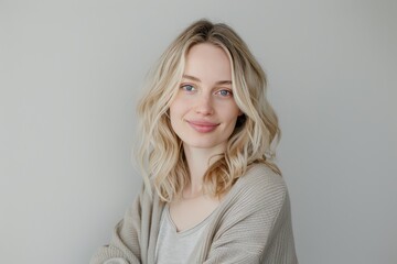 Fototapeta premium Casual Chic Blonde Woman in Cozy Sweater. Generative AI.