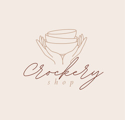 Hands holding bowls with lettering crockery shop drawing in linear style on beige background