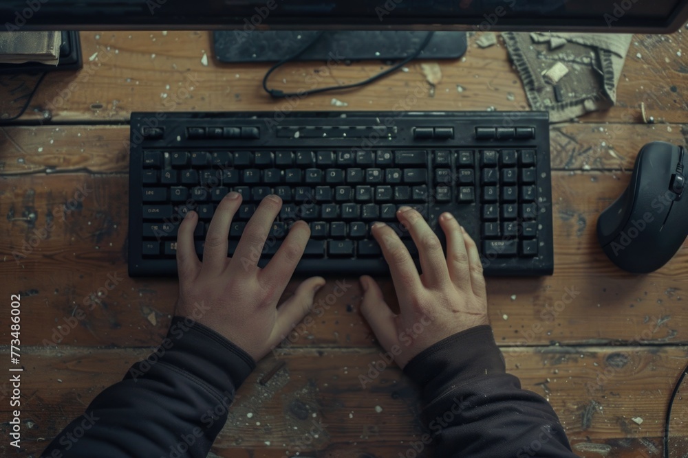 Poster a person typing on a keyboard on a wooden floor. suitable for technology or work-related concepts