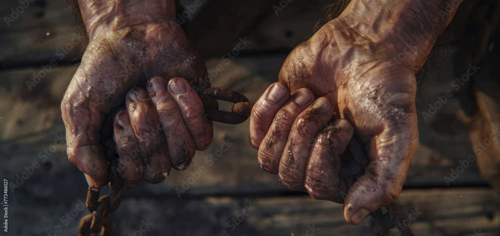 Poster Close up shot of two hands holding a chain. Suitable for concepts of unity and connection