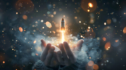 a moment of wonder and magic. In it, we see two open hands cradling a small, illuminated rocket as it takes off. - obrazy, fototapety, plakaty