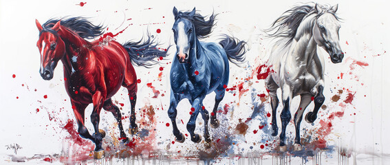 red, blue and white horses - obrazy, fototapety, plakaty