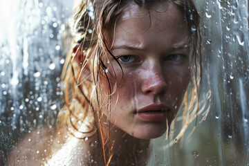 woman with wet hair and a red face looking out of a window. Concept of vulnerability and discomfort, as the woman is exposed to the elements and he is struggling with the rain