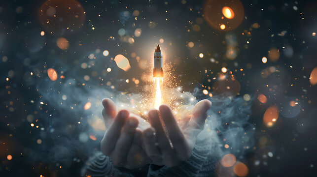 a moment of wonder and magic. In it, we see two open hands cradling a small, illuminated rocket as it takes off.