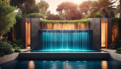 outdoor home modern water feature fountain waterfall - obrazy, fototapety, plakaty