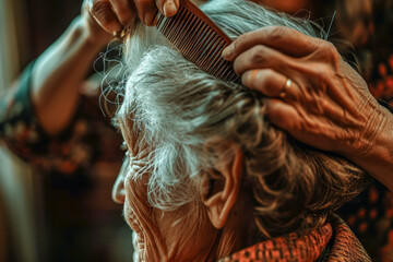 A woman is getting her hair combed by a man. The woman is old and has gray hair
