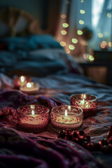 Fototapeta na wymiar Serene ambiance with candles on a bedspread, creating a cozy atmosphere with bokeh lights in the background