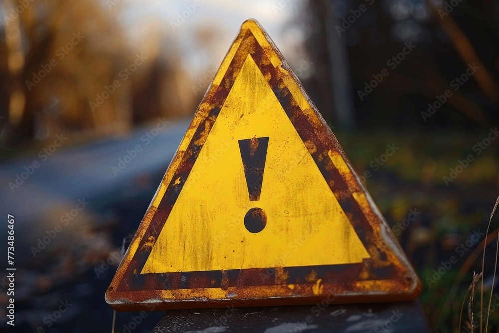 Poster a yellow warning sign placed on the side of a road. suitable for safety or caution concepts