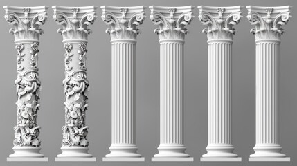 A row of white columns with intricate carvings, suitable for architectural designs