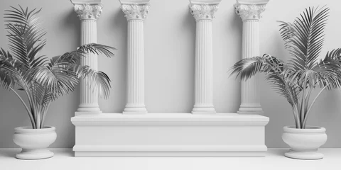 Fotobehang A row of three white pillars with palm trees. Perfect for architectural or tropical themed designs © Fotograf