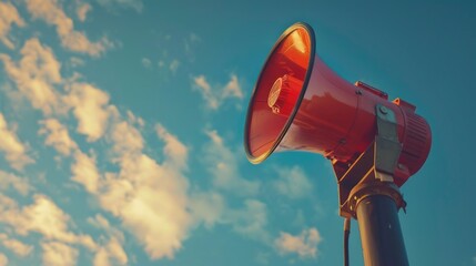 A red megaphone sitting on top of a pole. Suitable for advertising concepts