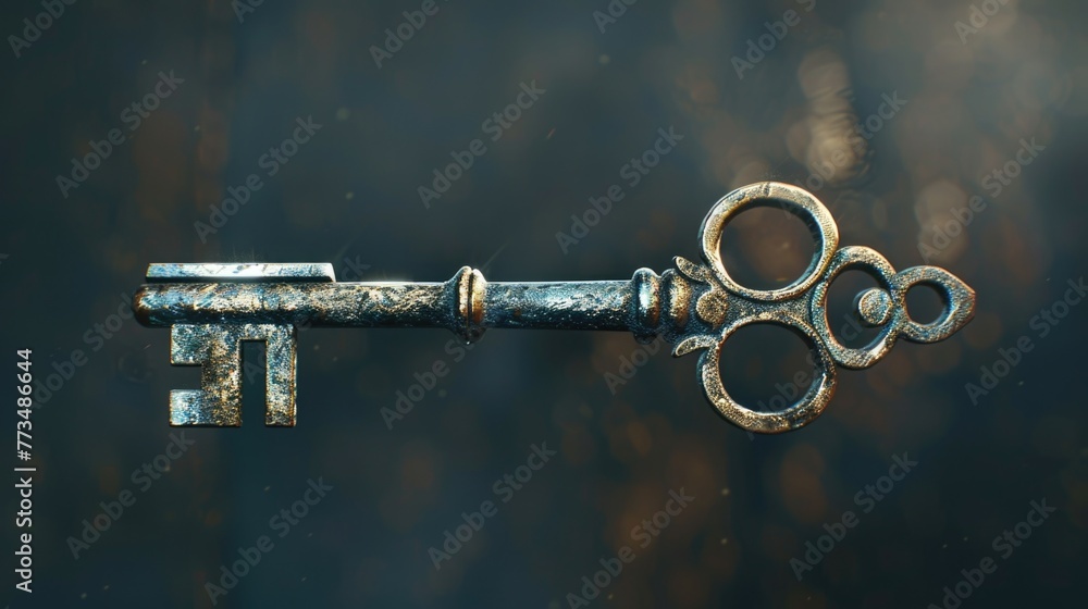 Poster an old rusty key hanging by the side of a body of water. suitable for various concepts and designs