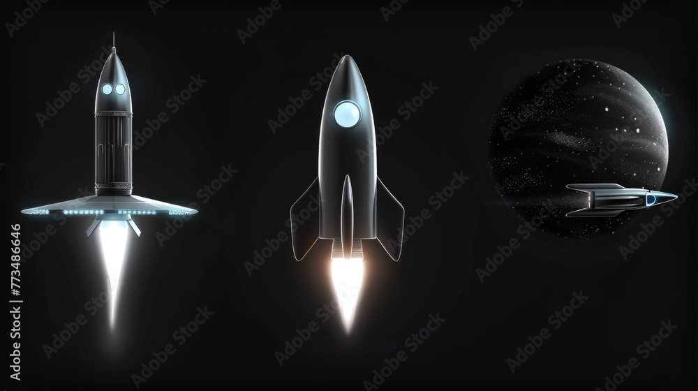Poster A group of spaceships flying through the air. Suitable for sci-fi and technology concepts