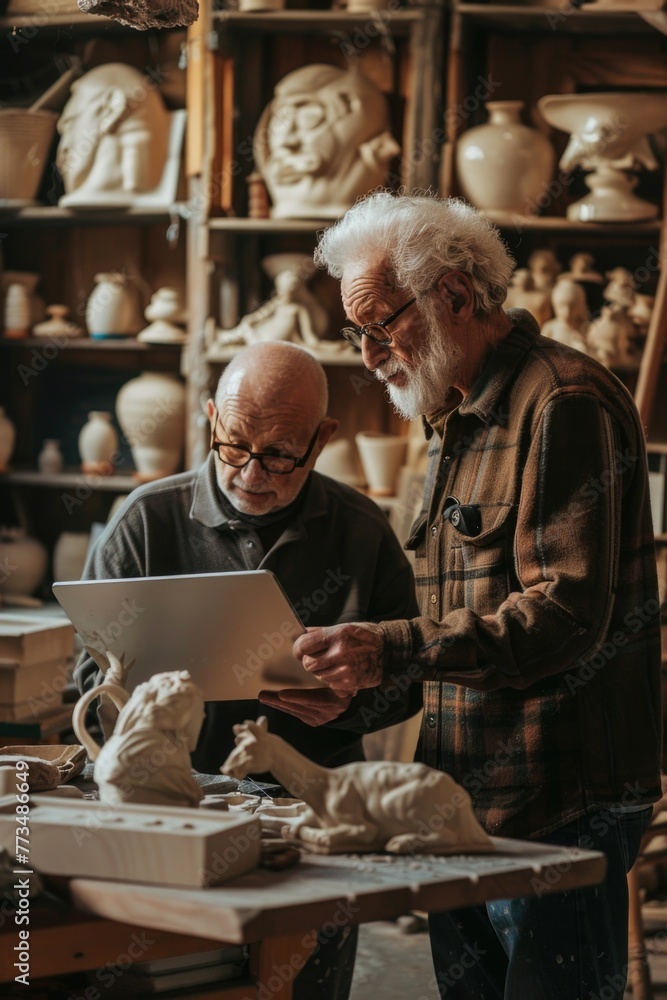 Poster two men examining a laptop screen in a pottery store. ideal for showcasing technology in a retail se