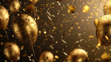 Golden balloons and confetti on dark backdrop, suitable for celebrations - obrazy, fototapety, plakaty