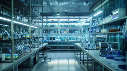 A biochemistry lab, where technicians meticulously analyze and synthesize molecules crucial to life and medicine