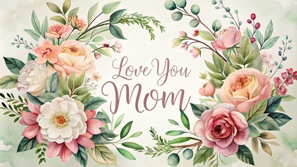 Expressing Gratitude to Mom: Elegant Floral Layout with 'Love You Mom' Text on Mother's Day - obrazy, fototapety, plakaty