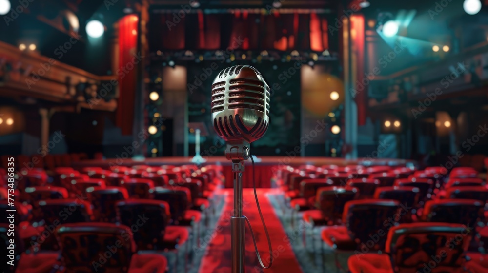 Aufkleber A microphone on a stand in front of a stage. Ideal for music events