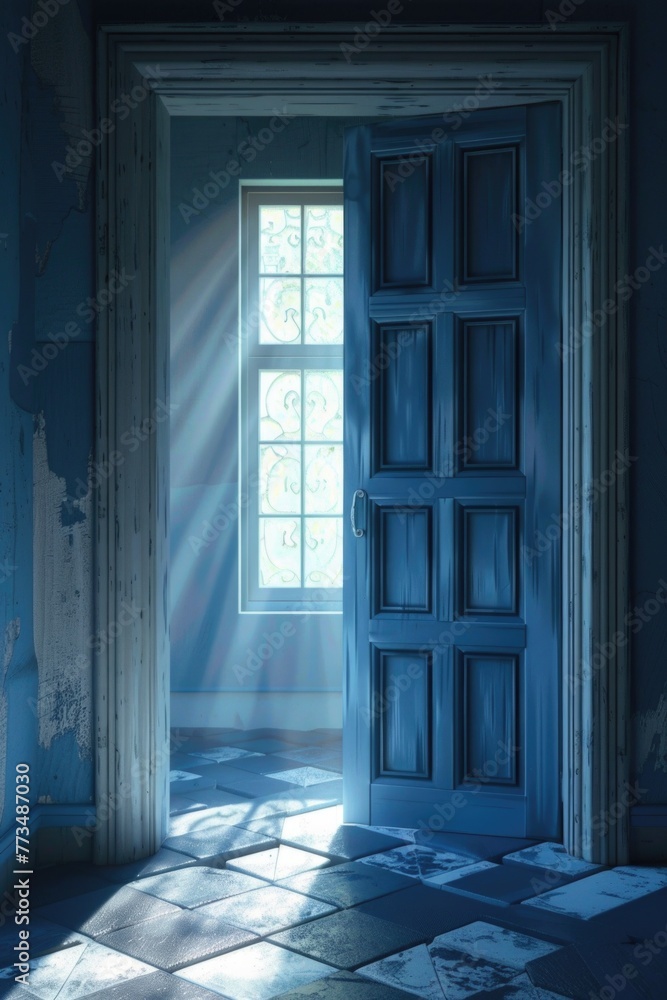 Aufkleber light shining through an open door in a blue room. ideal for interior design concepts