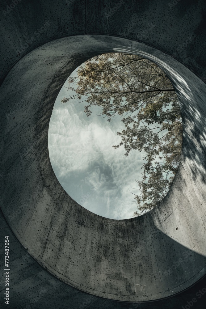 Poster Tree in the center of circular concrete structure. Suitable for architectural and urban design concepts