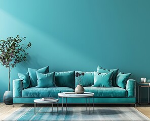 modern interior design of a living room with a sofa and side tables, with a turquoise wall background, 3d rendering mock up in the style of an interior designer