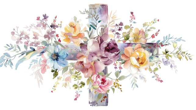 A serene watercolor painting of a cross adorned with delicate flowers. Ideal for religious themes or spiritual concepts