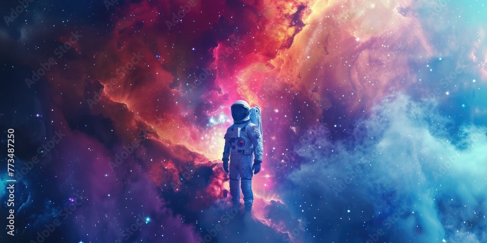 Poster astronaut in space suit with vibrant galaxy background. ideal for science fiction concepts