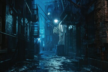 A mysterious alley with a fire escape staircase. Suitable for urban and suspense themes