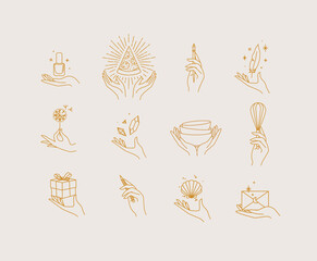 Hands with elements nail polish, pizza, pen, ink, feather, dandelion, crystal, bowl, dishes, whisk, box, pencil, seashell, envelope drawing in linear style on light background